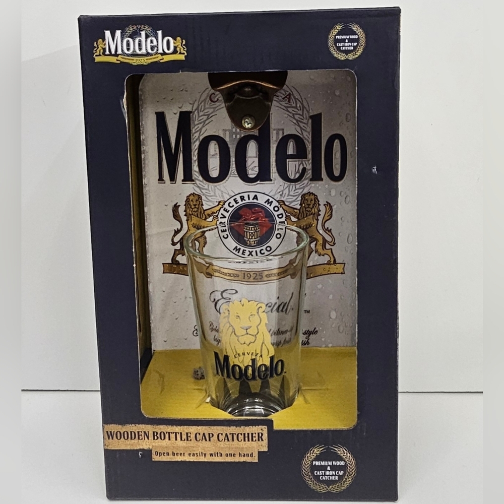 Modelo Bottle Opener & Pint Glass Set - Premium Wood w/Cast Iron Cap Catcher